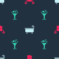 Sticker - Set Toilet paper roll, Bathtub and Martini glass on seamless pattern. Vector