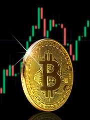 Poster - Single physical bitcoin. Digital currency. Cryptocurrency. Golden coin with bit coin symbol isolated on candle chart up background. 
