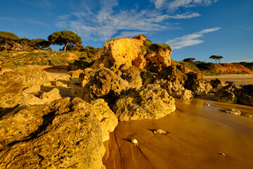 Canvas Print - Sonnenaufgang am Strand des Atlantik der Felsalgarve bei Albufeira, Algarve, Barlavento, Westalgarve, Distrikt Faro, Portugal, Europa