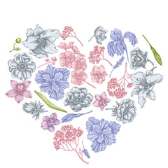 Wall Mural - Heart floral design with pastel anemone, lavender, rosemary everlasting, phalaenopsis, lily, iris