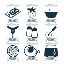 Food Cooking Icon Set With Toaster, Egg, Pizza, Sushi, Dish, Sausage, Kitchen, Pizza