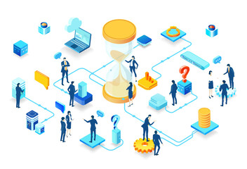 Isometric 3D business environment. Isometric office space, business people work around hour glass as symbol of generating fresh content and new ideas. Infographic illustration
