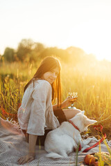 Wall Mural - Stylish woman relaxing with her white dog on blanket in warm sunset light in summer meadow. Picnic