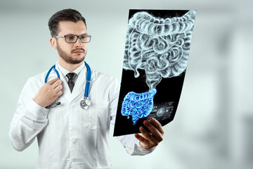 Doctor and holographic bowel scan projection with vital signs and medical records. Concept of new technologies, body scan, digital x-ray, abdominal organs, modern medicine.