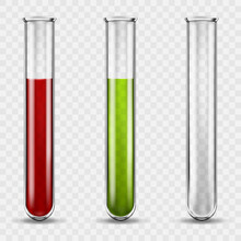 Transparent Medical Glass Tube Set, Colored Liquids In Test Tubes, Blood In A Glass Test Tube. Realistic 3d Vector Illustration On Transparent Background.