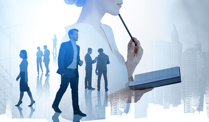 Wall Mural - Businesswoman with notebook in hand, workers and skyscrapers