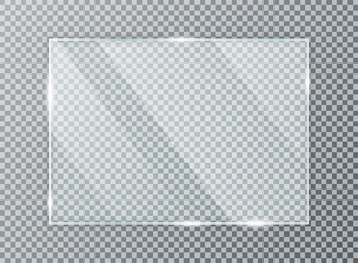 Leinwandbilder - Glass plate on transparent background. Acrylic and glass texture with glares and light. Realistic transparent glass window in rectangle frame. Vector