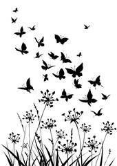 Wall Mural - Floral background with grass, flowers and butterflies. Spring or summer background.
