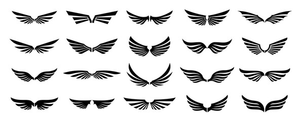 Wall Mural - Set of black wings logos or icons. Wings silhouette for use in logo and emblem design. Vector wings badges collection.