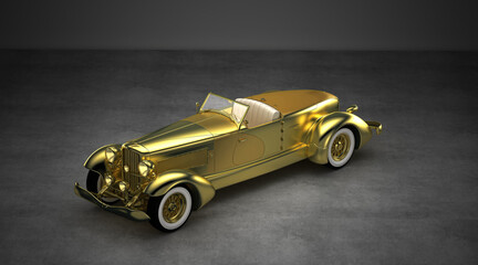 Vintage car with gold bodywork, 3d illustration, 3d rendering