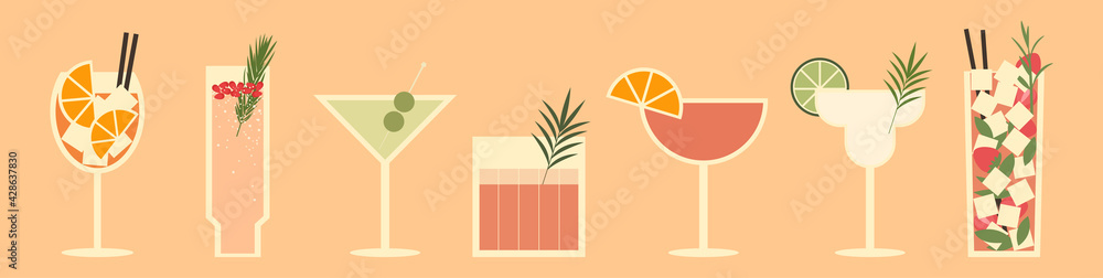 Set of cocktails. An illustration of classical drinks in different types of glasses. Vector illustration of summer cocktails. Banner with soft and alcohol drinks. - obrazy, fototapety, plakaty 