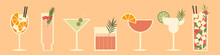 Set Of Cocktails. An Illustration Of Classical Drinks In Different Types Of Glasses. Vector Illustration Of Summer Cocktails. Banner With Soft And Alcohol Drinks.