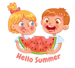 Wall Mural - Hello Summer Postcard. Boy and girl eating a slice of watermelon for two