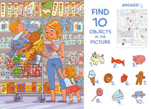 Find Objects In The Picture. Mother And Two Young Children Are Shopping In A Supermarket