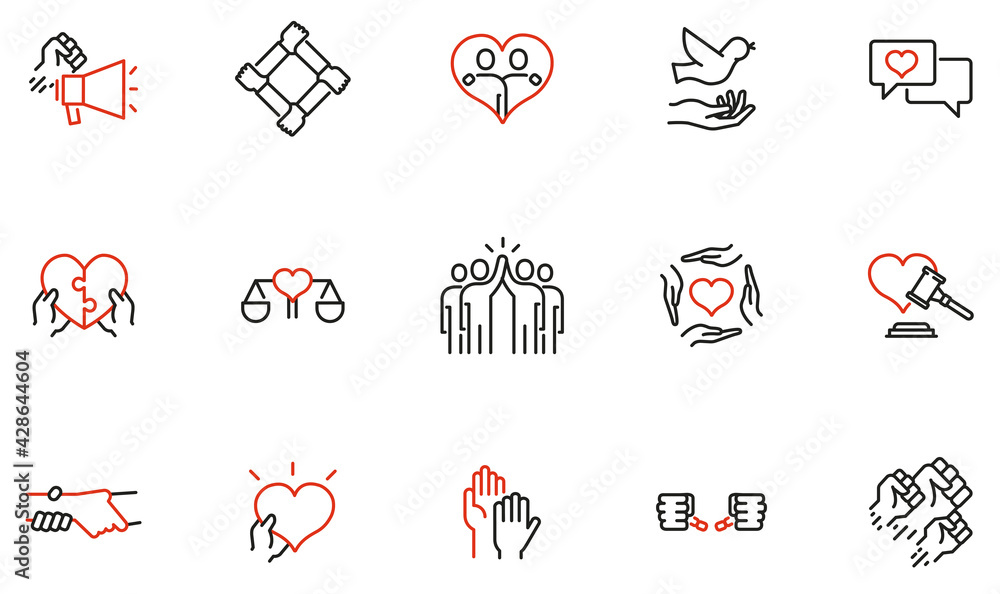 Vector Set of Linear Icons Related to Harmony to Relationships, Human Rights, Interaction, Joint Development and Equality. Mono Line Pictograms and Infographics Design Elements - part 3 - obrazy, fototapety, plakaty 