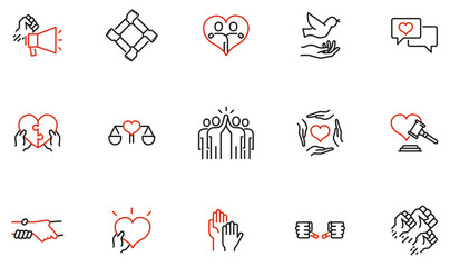 Vector Set of Linear Icons Related to Harmony to Relationships, Human Rights, Interaction, Joint Development and Equality. Mono Line Pictograms and Infographics Design Elements - part 3