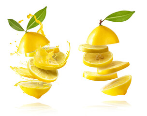 creative image with fresh lemons falling in the air, zero gravity food conception