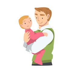 Sticker - Cheerful Father Holding his Baby Daughter in his Arms, Happy Parenting, Fatherhood and Kids Care Cartoon Vector Illustration