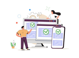 Web development abstract concept vector illustration set. Microsite interface, cross-browser compatibility, 404 error.