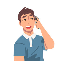 Poster - Cheerful Young Man Talking on Phone, Guy Communicating Using Smartphone Cartoon Vector Illustration