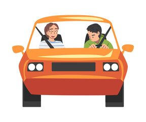 Wall Mural - Front View of People Riding Orange Car, Male Driver Driving Vehicle and Woman Sitting in Passenger Seat Cartoon Vector Illustration