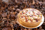 torta autunnale con mandorle pistacchi noce nocciole su letto di foglie autunnali
