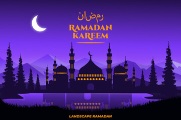 Wall Mural - flat ramadan kareem landscape palm tree mountain lake beautiful sky