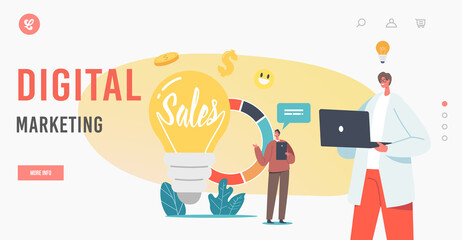Wall Mural - Digital Marketing Landing Page Template. Sales Strategies and Business Idea Concept with Tiny Businessmen Characters