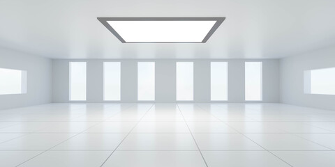 Wall Mural - white abstract futuristic architecture building interior with big windows, daylight and tiled floor with reflections 3d render illustration