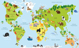 Fototapeta Fototapety na ścianę do pokoju dziecięcego - Funny cartoon world map in french with traditional animals of all the continents and oceans. Vector illustration for preschool education and kids design