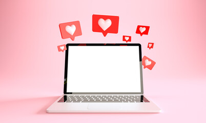 Wall Mural - laptop mockup with many like notifications at pink background. social media concept. 3d rendering