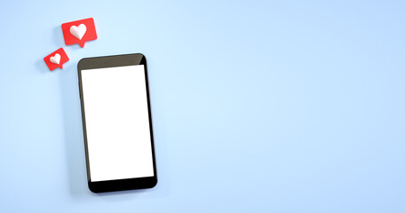 Wall Mural - mobile phone mockup with a like notification at blue background. 3d rendering