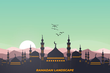 Wall Mural - ramadan kareem flat landscape mosque sky beautiful mountain