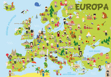 Funny Cartoon Map Of Europe In Spanish With Childrens Of Different Nationalities, Representative Monuments, Animals And Objects Of All The Countries. Vector Illustration For Preschool Education