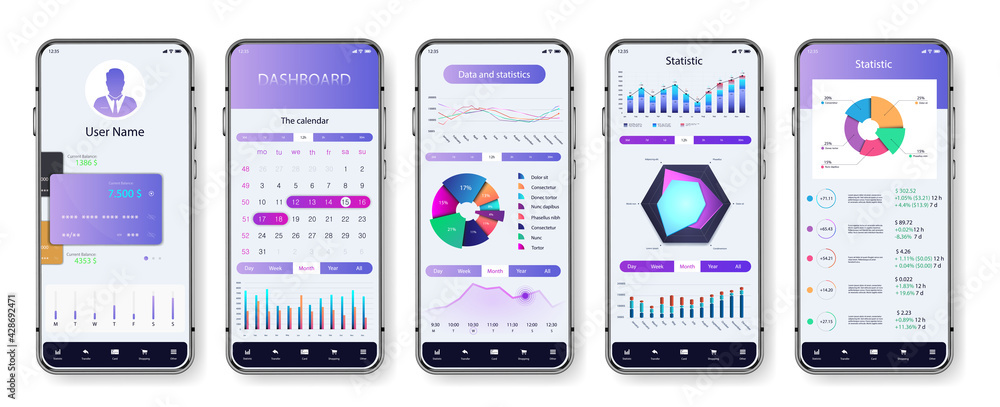 Vektor Light application interface for mobile phone. UI screens with ...