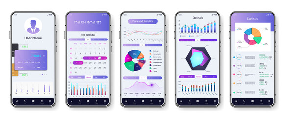 Wall Mural - Light application interface for mobile phone. UI screens with dashboard, pie charts, infographics, diagrams and statistic. App mockup with investment, economic statistic and data forex. Vector UI set