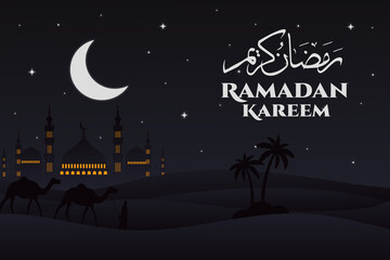 Wall Mural - flat mosque ramadan kareem camel night landscape background