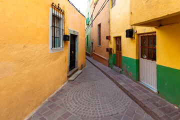 Guanajuato, Mexico, Scenic cobbled streets and traditional colorful colonial architecture in Guanajuato historic city center.