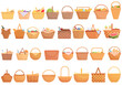 Picnic basket icons set. Cartoon set of picnic basket vector icons for web design