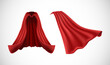 3d realistic vector red cape front and side view, isolated on white background.