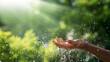 © ipopba - Water pouring and splash in woman hand on nature background, earth day, environment issues