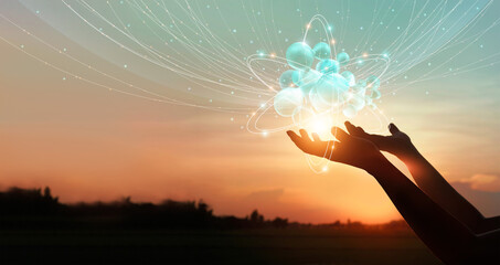 Fototapete - Hands holding global network connection icons. Internet of things and intelligence technology in digital network enables people lifestyle more smarter and comfortable, Innovation of futuristic.
