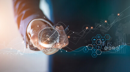 Leinwandbilder - Abstract, Businessman holding compass of navigate on global economic crisis to resume business growth, Rethink, Reinvent and Recover. on graph growth background.