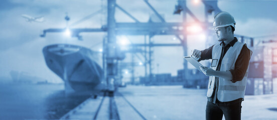 Aufkleber - Business logistic and import export. Engineer. Foreman check timing and using tablet control loading container from cargo freight ship to truck for logistic network distribution. transportation.