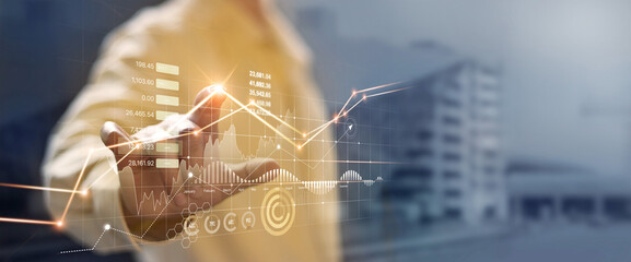 Poster - Businessman hand touching and analysing banking and investment growth graph to develop smart financial decision for business plan strategy in expand business and increase sale profit.