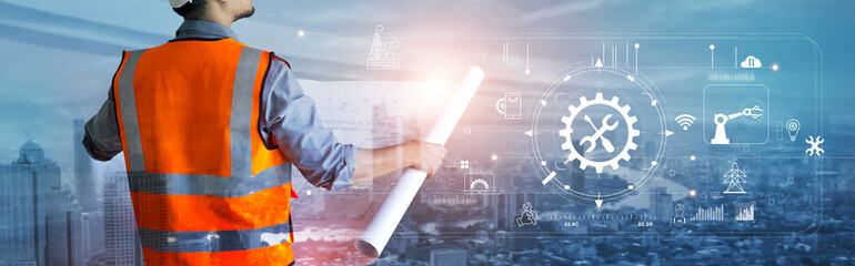 Fototapete - Double exposure image of construction engineer, architect or holding blueprint analyzing and construction icon on city background.