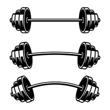 Set Of Illustrations Of Weightlifting Barbell. Design Element For Logo, Label, Sign, Emblem, Poster. Vector Illustration