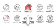 Set / Bundle Paradise Surf Logo Line Art Vector Illustration Design, Paradise Beach Logo Design.