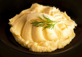 Poster - Mashed potatoes in bowl on wooden table.