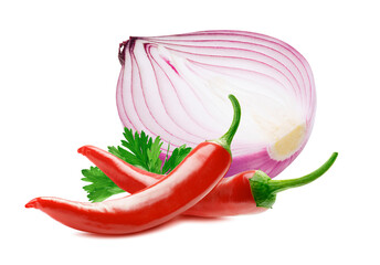 Wall Mural - Purple onion, chili peppers and parsley isolated on white background
